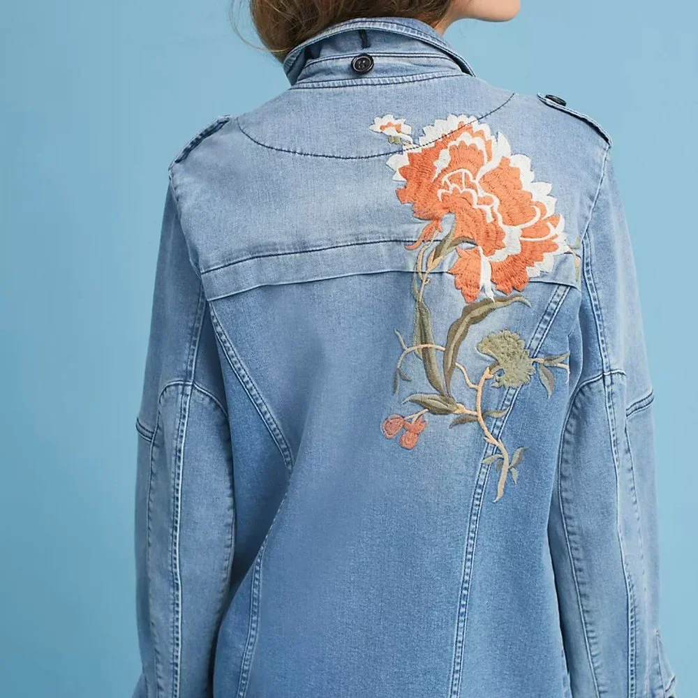 Anthropologie Light Blue Denim Jacket with Orange Floral Embroidery